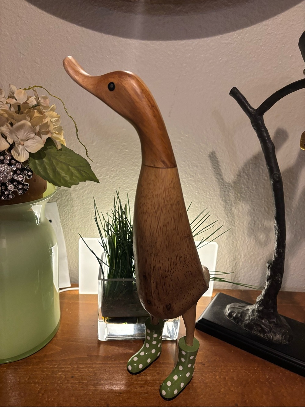 DCUK brand collectible Wooden Duck Figurine with Green Polka Dot Wellie Boots